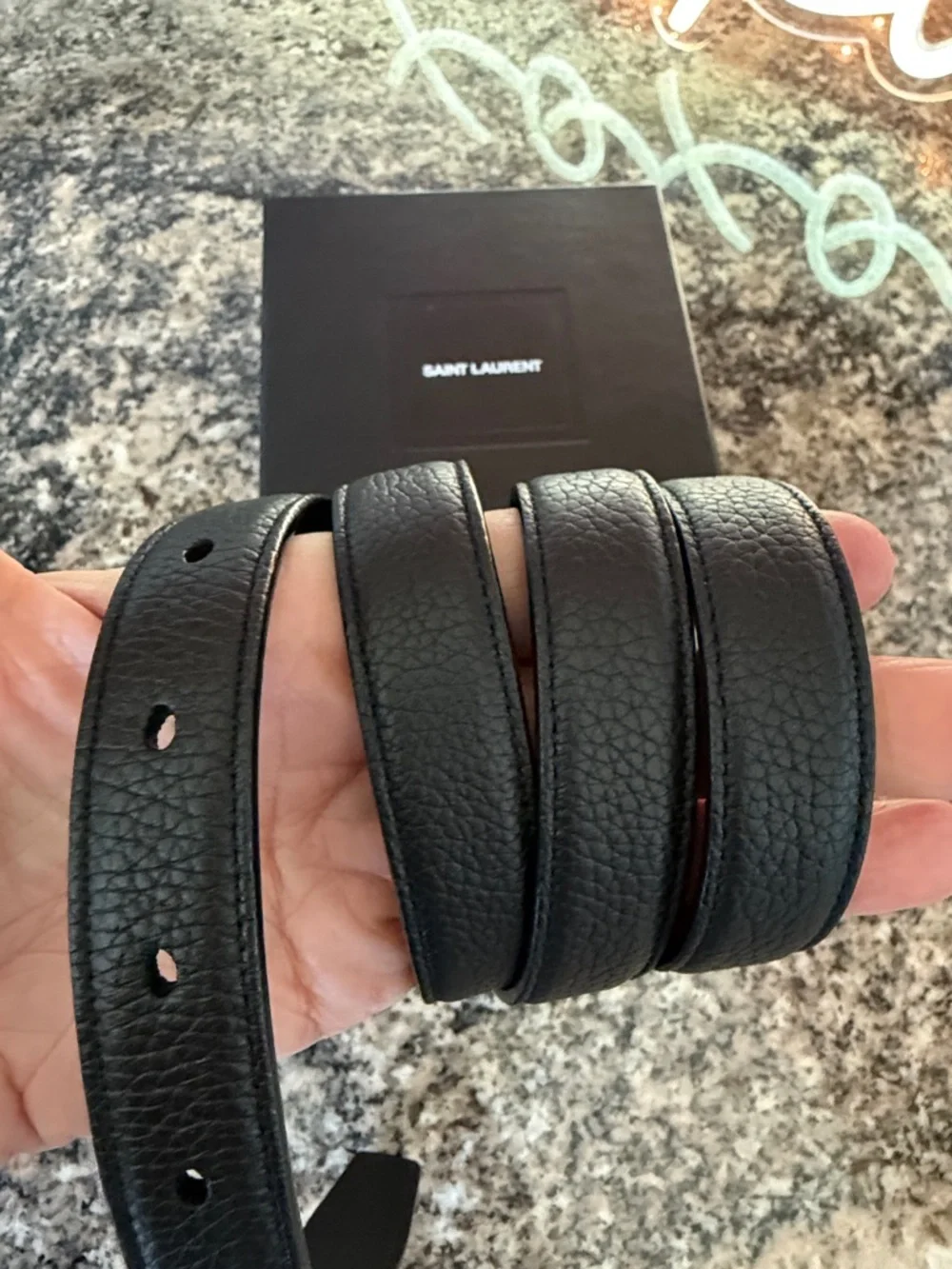 Yves Saint Laurent Cassandre Thin Belt in Grained Leather